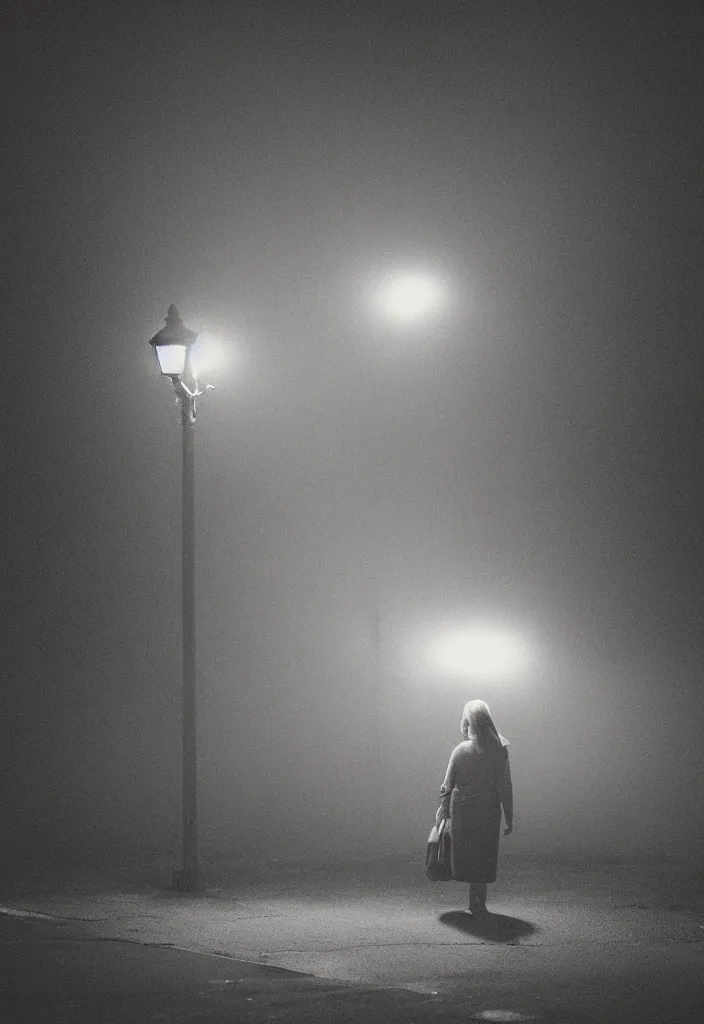 Image similar to “ quiet american neighborhood at night, a woman waiting with a black umbrella, photography in the style of gregory crewdson, mist, rule of thirds ”