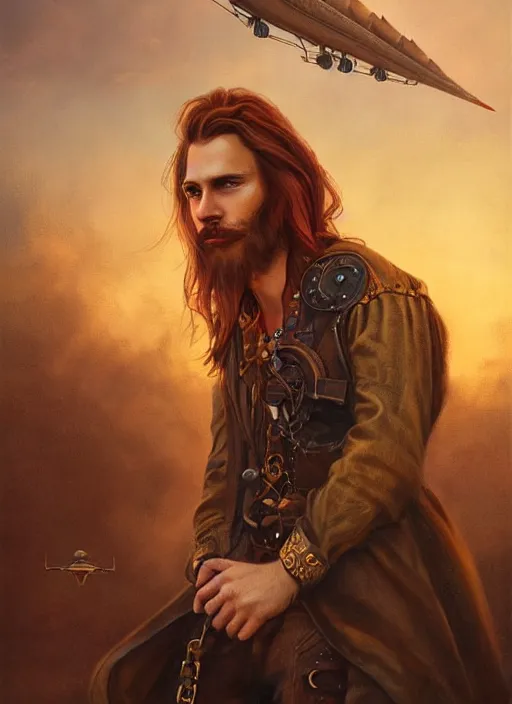 Prompt: portrait painting of a handsome face rugged long hair crimson hair male captain simple clothing top half portrait soft hair steampunk wood brass ornate mechanical zeppelin airship in the background sky sunset golden hour fantasy rugged book cover art atmospheric lighting art by mullins rutkowski bussiere