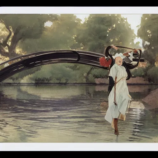 Image similar to spirited away by anders zorn placid, somber. a river scene. the river is represented by a line winding through the center of the kinetic sculpture. the banks of the river are represented by two lines, one on each side.