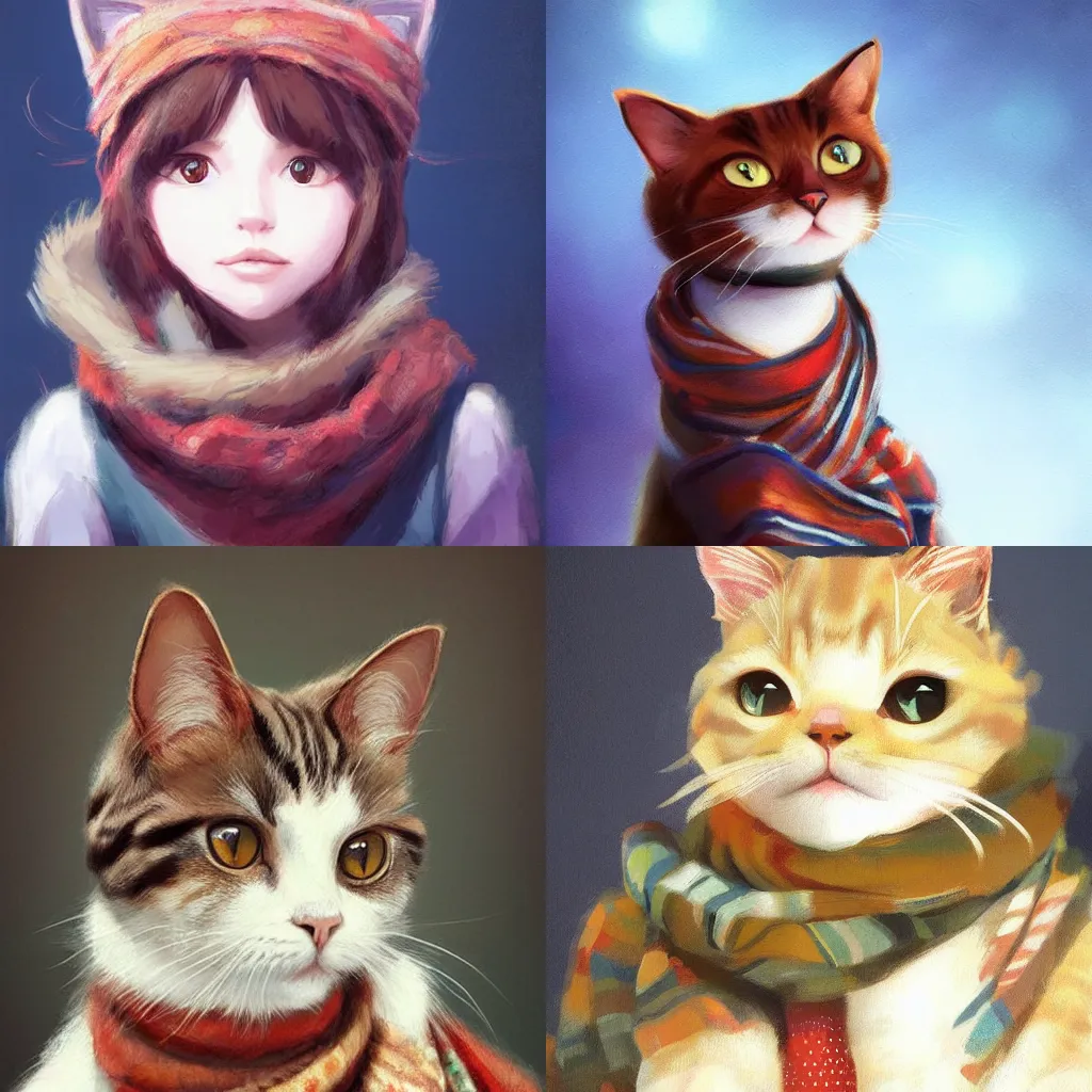 Prompt: head and shoulders masterpiece portrait of a cute adorable cat wearing a scarf, surreal background, digital art by Krenz Cushart, trending on artstation, cgsociety,