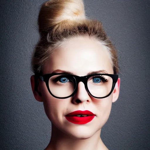 Prompt: A high quality studio photo of a skinny beautiful young blonde woman with a bun and red lipstick wearing big, large and thick and black eyeglasses, 35mm, studio lighting, grey background, digital art, oil painting