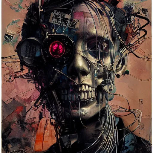 Image similar to a cyberpunk noir detective, skulls, wires cybernetic implants, machine noir grimcore, in the style of adrian ghenie esao andrews jenny saville surrealism dark art by james jean takato yamamoto and by ashley wood and mike mignola