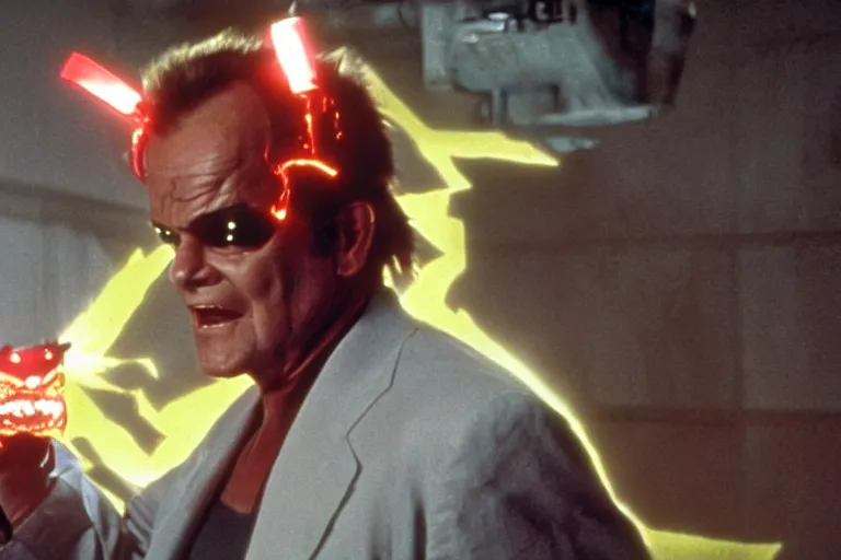 Image similar to Jack Nicholson plays Terminator Pikachu, scene where his inner exoskeleton is visible and his eye glows red