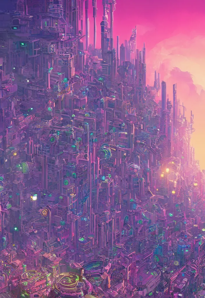 Prompt: concept art image of an intricate detailed dmt skyscraper amidst a futuristic city against a fantastic colorful sky with a couple moons, by simon stalenhag, by sid mead, by anton fadeev, by denise scott brown, by studio ghibli, anime cell shaded