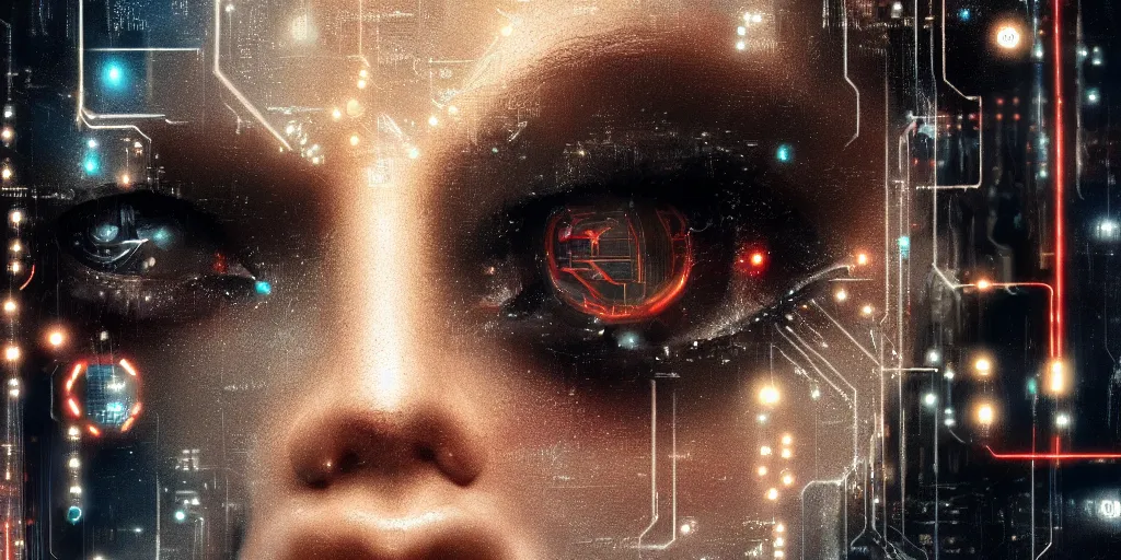 Prompt: a face covered in computer circuits, scifi, bladerunner, cyberpunk, very detailed eyes, 8 k resolution, by wlop, greg rutkowski