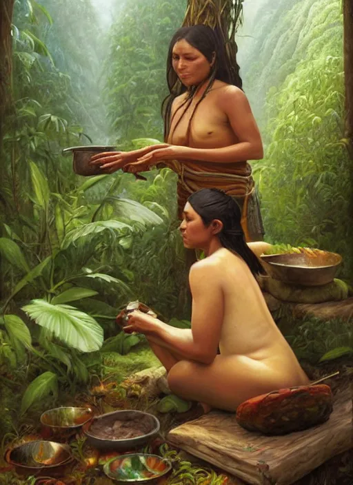 Image similar to a beautiful indigenous woman preparing plant medicines in the jungle, art by christophe vacher