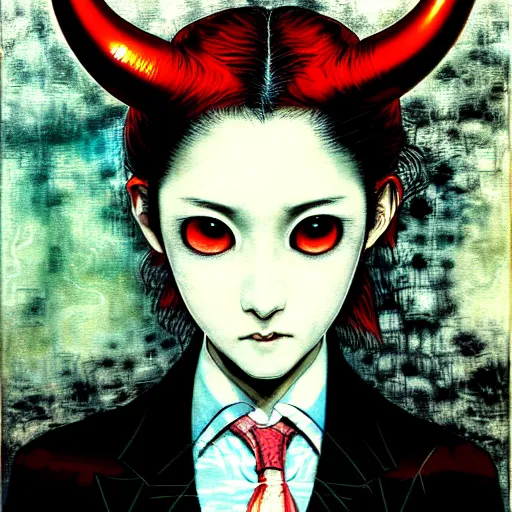 Image similar to yoshitaka amano blurred and dreamy realistic three quarter angle horror portrait of a sinister young woman with short hair, horns and red eyes wearing office suit with tie, junji ito abstract patterns in the background, satoshi kon anime, noisy film grain effect, highly detailed, renaissance oil painting, weird portrait angle, blurred lost edges