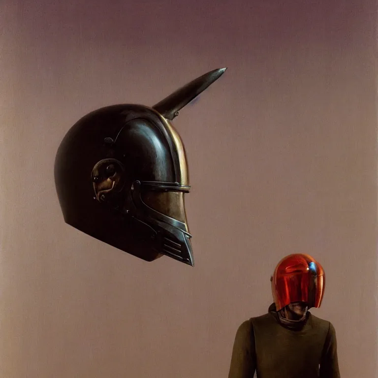 Image similar to portrait of a knight in a motorcycle helmet, fashion studio, lighting, 35mm , Edward Hopper and James Gilleard, Zdzislaw Beksinski, Steven Outram highly detailed