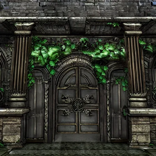 Image similar to entrance of a mansion, gargoyles, plants, background of resident evil game