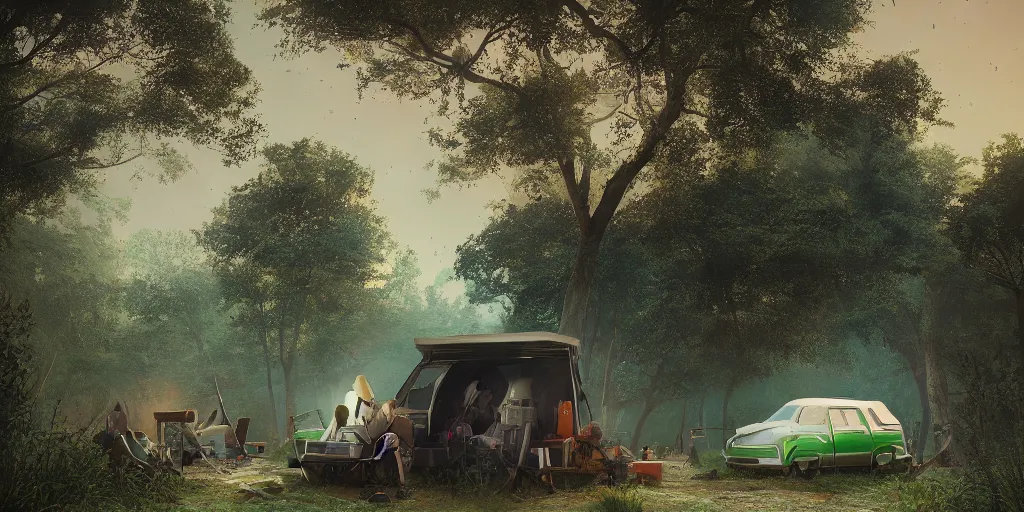 Prompt: knight camping next to green car, elegant scene, low angle, wide angle, indian forest, wide angle, cinematic, ultrarealistic, trending on artstation, cgsociety, highly detailed, color graded, rendered in unreal engine 4 k hq, matte painting, by simon stalenhag and hudson river school, horizon forbidden west