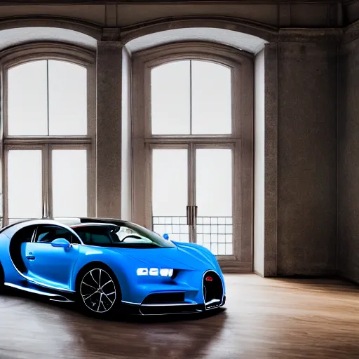 Image similar to High-quality photography of a Bugatti Chiron in an livingroom on dining table, shot on iPhone