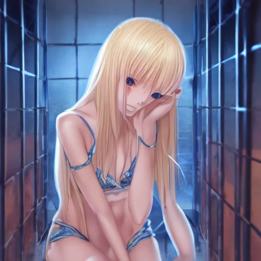 Image similar to a very beautiful young anime girl sitting in a dark prison cell, full body, long wavy blond hair, sky blue eyes, full round face,, shiny golden bikini, miniskirt, front shot, sitting in a dark prison cell, highly detailed, cinematic wallpaper by stanley artgerm lau