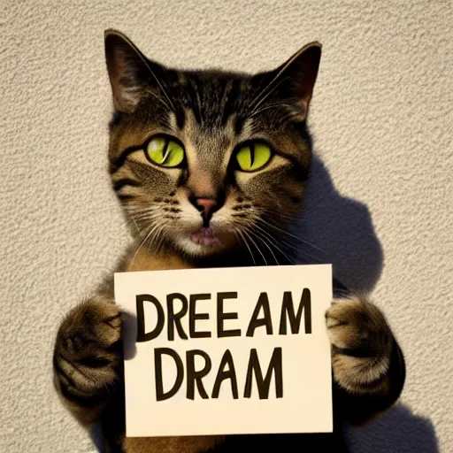 Prompt: realistic high quality photo of a cute cat holding a sign with text that reads : dream cattt