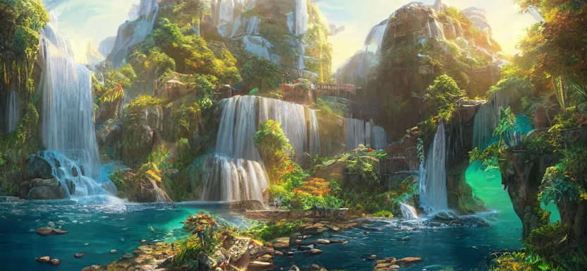 Prompt: shining solarpunk utopia next to a beautiful waterfall, sunny and gorgeous, perfection in every way a digital illustration by artgerm and wlop, trending on artstation, ray tracing on, unreal engine