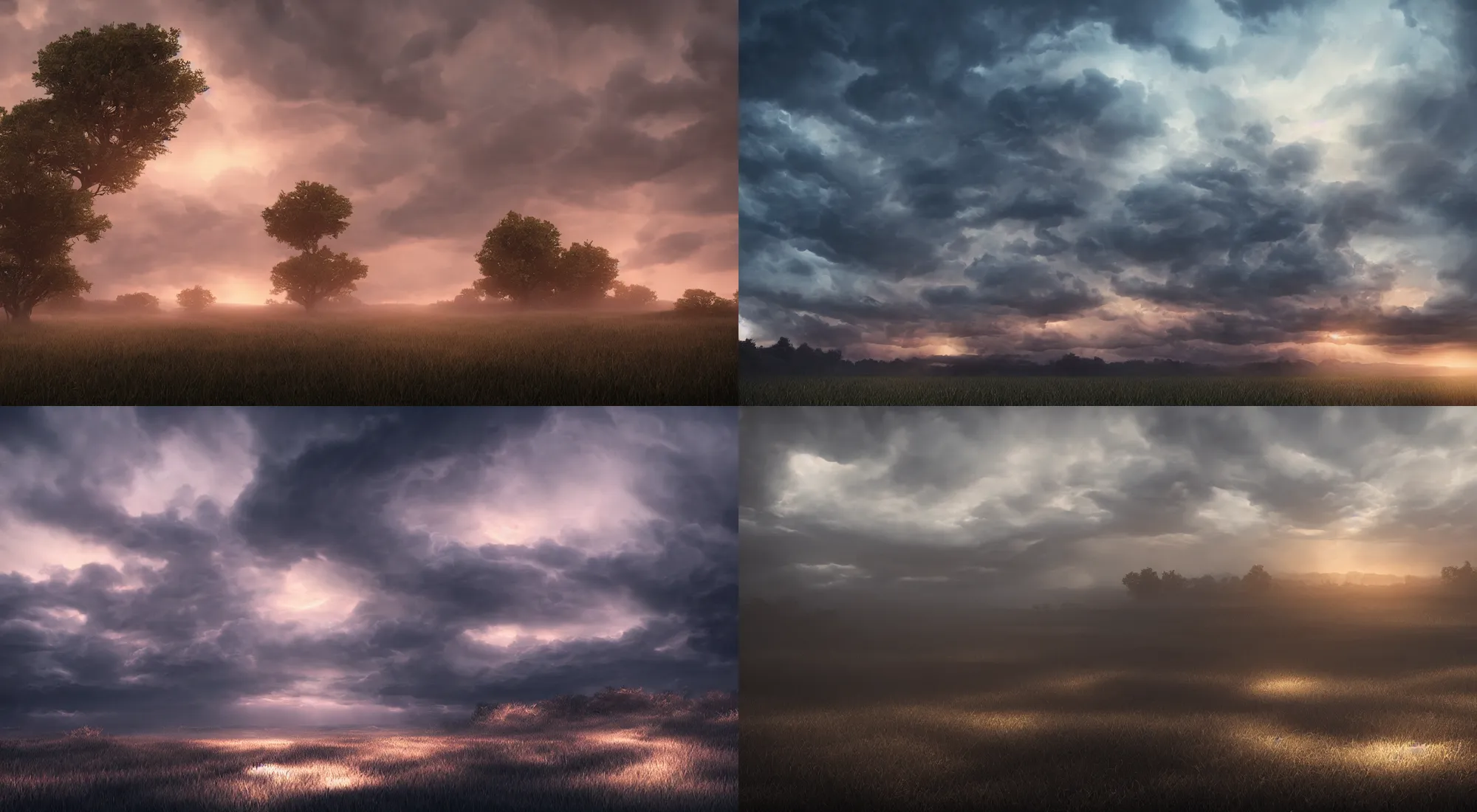 Prompt: magestic plains at dusk, dusk, stormy overcast, octane render, cinematic, trending on artstation, elegant, intricate, 8k