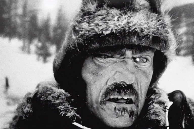 Image similar to Donald Tusk in a still from the movie The Thing (1982) directed by John Carpenter, cold outdoors