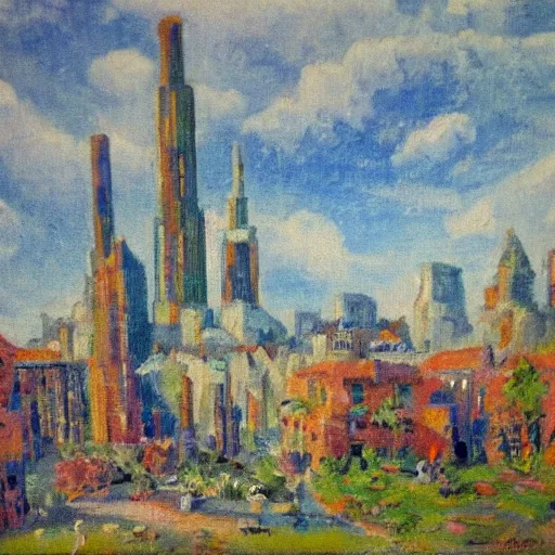 Image similar to impressionist painting of a utopian stone city in the styles of Charles R. Knight