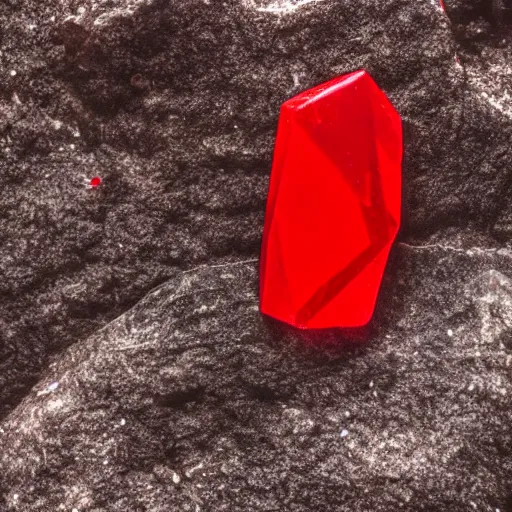 Image similar to a deep red, glowing, stick - shaped crystal on a rock, film grain