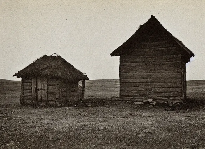 Prompt: small house on an old russian steppe in 1902, archival photograph