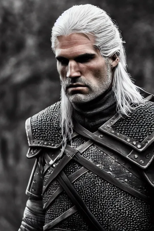 Prompt: upper body portrait of geralt of rivia, 5 5 mm lens, professional photograph, serious, stern look