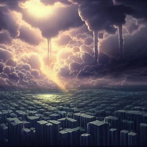 Image similar to this is a beautiful surreal scenery artwork from pixiv. it includes gigantic living inside network of cloud computing material, cloud buildings with internal computer infinites. god lighting, rays, sublimely cold color palette. insanely detailed, artstation!! pixiv!! infinitely detailed