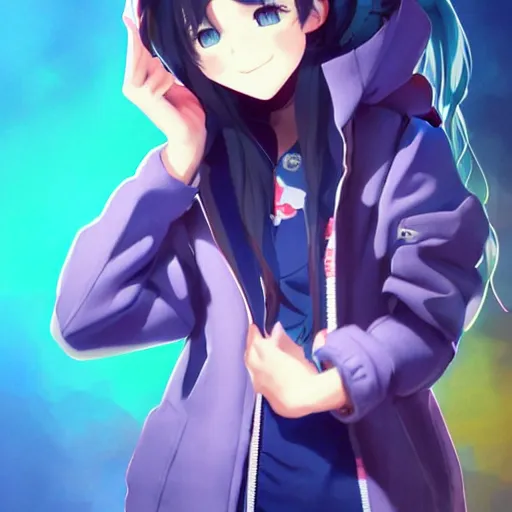 Image similar to ene from mekakucity actors, wearing blue jacket, blue pigtails, cool color palette, digital art by aramaki shinji, by artgerm, by cushart krenz, by wlop, colorful, insanely detailed and intricate, hypermaximalist, elegant, ornate, hyper realistic, super detailed