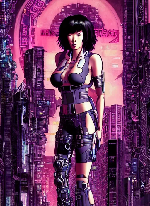 Image similar to motoko kusanagi in grungy cyberpunk megacity, intricate and finely detailed, cyberpunk vaporwave, portrait by j scott campbell, phil jimenez, ilya kuvshinov