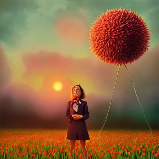 Image similar to giant daisy flower head, frontal, a girl in a suit, surreal photography, sunrise, dramatic light, impressionist painting, digital painting, artstation, simon stalenhag