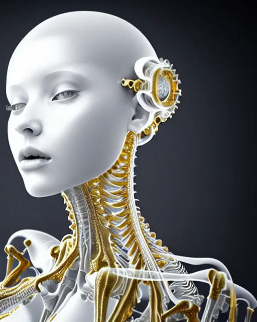 Image similar to white background, halo, dreamy foggy elegant soft luminous bw profile face 3 d render of a beautiful young golden biomechanical - female - cyborg with a delicate detailed gold mandelbrot fractal texture skin and a very long neck with white gothic pearl embroidered collar, white smoke atmosphere, rim light, hg giger, 8 k