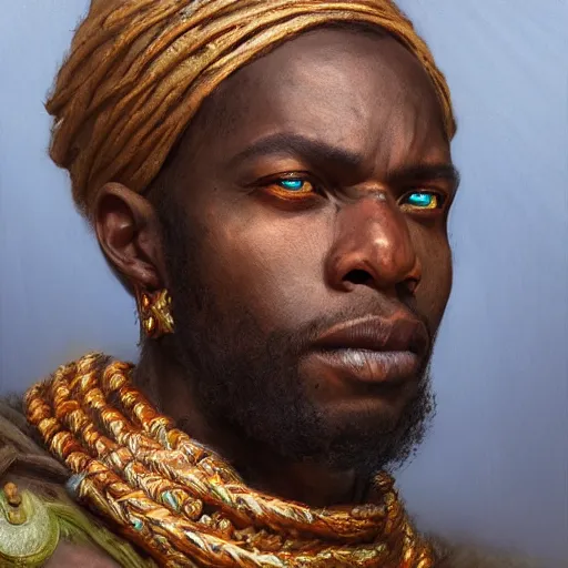 Prompt: the african merchant as a realistic fantasy d & d character, closeup portrait art by donato giancola and greg rutkowski, realistic face, digital art, trending on artstation