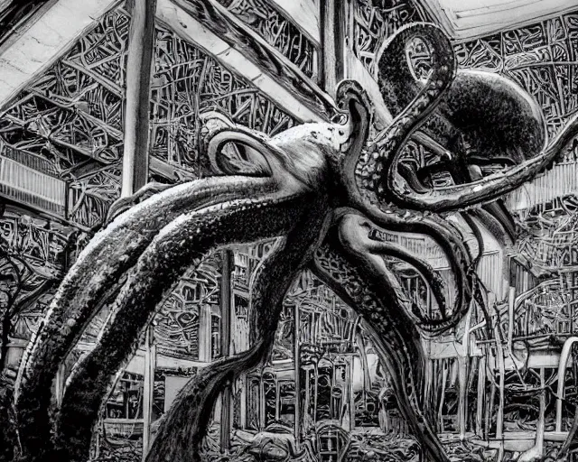 Image similar to camera footage of a extremely aggressive Giant mutated Octopus with glowing white eyes, Human Features, Teeth, in an abandoned shopping mall, Psychic Mind flayer, Terrifying, Silhouette :7 , high exposure, dark, monochrome, camera, grainy, CCTV, security camera footage, timestamp, zoomed in, Feral, fish-eye lens, Fast, Radiation Mutated, Nightmare Fuel, Wolf, Evil, Bite, Motion Blur, horrifying, lunging at camera :4 bloody dead body, blood on floors, windows and walls :5