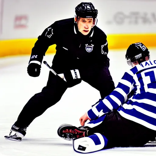 Prompt: “Wes McCauley tripping on the ice as a referee, Hockey, Ice, 4K UHD image”