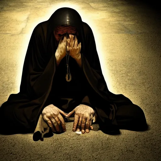 Prompt: A terrified old catholic priest in black garb kneeled on a stone floor in passionate prayer seen from above. His eyes are wide open with fear. Ominous dramatic yellow lighting. Award-winning digital art, trending on ArtStation