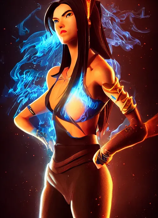 Image similar to azula from avatar the last airbender posing, blue flames, dark atmosphere, cinematic shot, intricate, ornate, photorealistic, movie poster, ultra detailed, realistic, 1 0 0 mm, photography, octane, high definition, depth of field, realism, 8 k, artstation