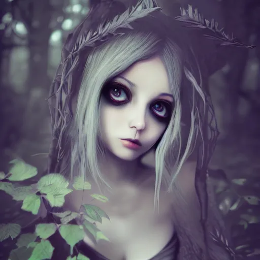 Image similar to portrait of beautiful darkness witch as a 3D anime girl, dark forest background, inspired by Tim Burton, digital painting, unreal engine render, volumetric light, high détail