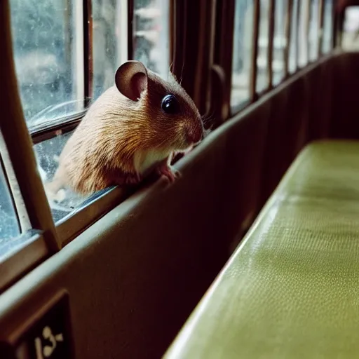 Prompt: photo of a train interior, a brown hamster is sitting on a seat, various poses, unedited, soft light, sharp focus, 8 k