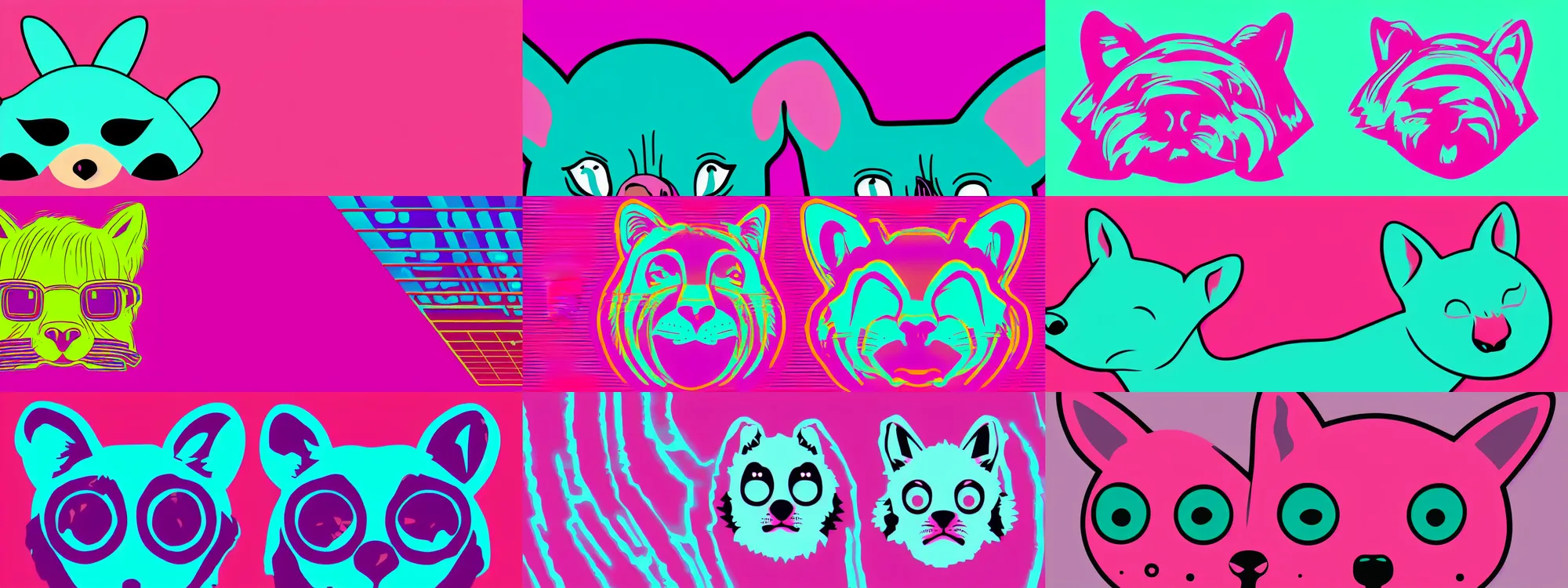 Prompt: a closeup of a cute animal face in retro colors, synthwave style, 2d digital vector art