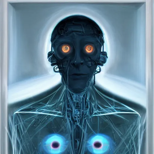 Image similar to surreal portrait of a man by Greg Rutkowski, symmetrical face, he is about 50 years old, short black hair with bangs, his features are a mix between French, Turkish and Russian, transformed into a kind of biomechanical transhuman god, blue glowing eyes, expression of epiphany and determination, cosmic void background, frightening, fascinating, highly detailed portrait, digital painting, book cover, artstation, concept art, smooth, sharp foccus ilustration, Artstation HQ