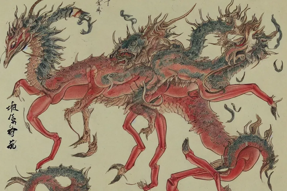 Prompt: Vintage, detailed, colored sketch of mythical creature anatomy, full body, with full descriptions, Chinese painting.