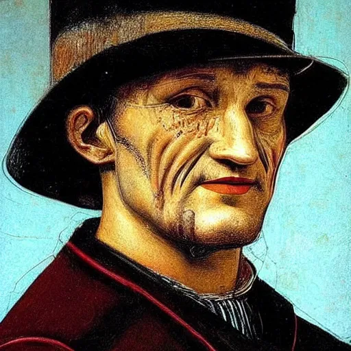 Image similar to a portrait of Freddy Kruger by Leonardo DaVinci, highly detailed face, high detail, hyper realistic, vivid colors