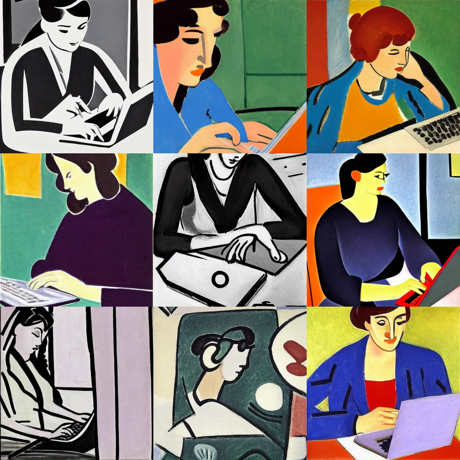 Image similar to close - up of a young woman coding on her laptop, by henri matisse 1 9 3 5. early morning, hot coffee, wondow, sun