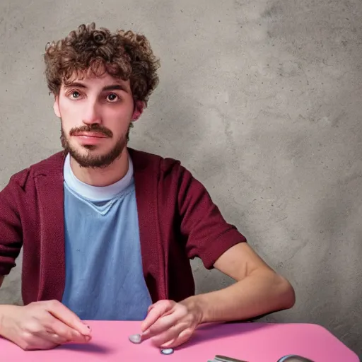 Prompt: photograph of a young frenchman seated at a table in 2 0 2 0. colorful, award winning photography, 5 0 mm, extremely detailed face