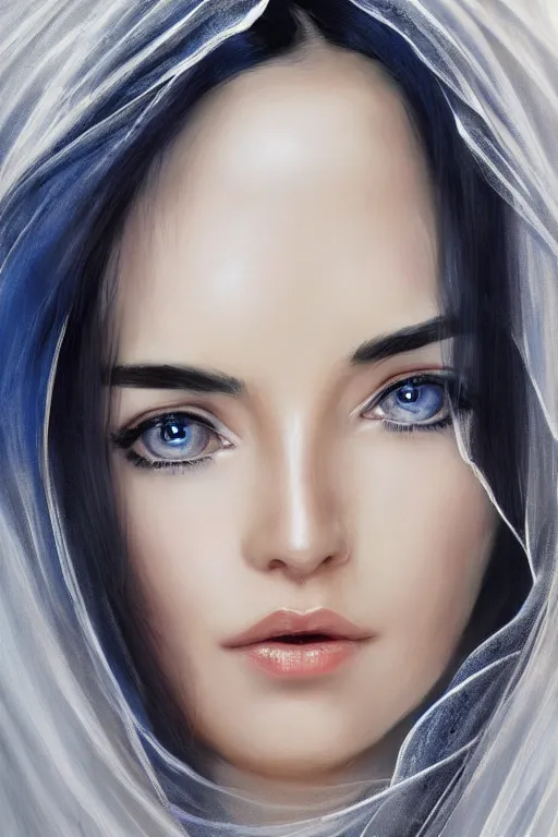 Prompt: Ameera al-Taweel, blue eyes, long wavy black hair, white veil, closeup, focus face, elegant, highly detailed, centered, digital painting, artstation, concept art