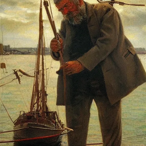 Image similar to painting of sailor hobo hyperrealism vasily vereshchagin at harbor boat fish