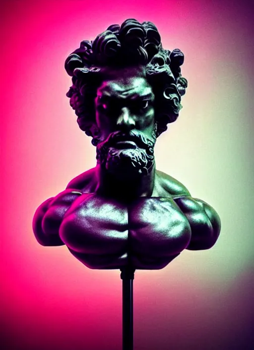 Image similar to statue of hercules looking angry, beeple, vaporwave, retrowave, black background, neon, black, glitch, strong contrast, neon wiring, cuts, american gods intro, pinterest, trending on artstation