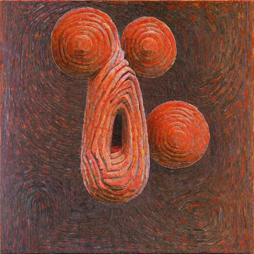 Image similar to a detailed geometric impasto painting by shaun tan and louise bourgeois of an abstract organic forgotten sculpture by ivan seal and the caretaker