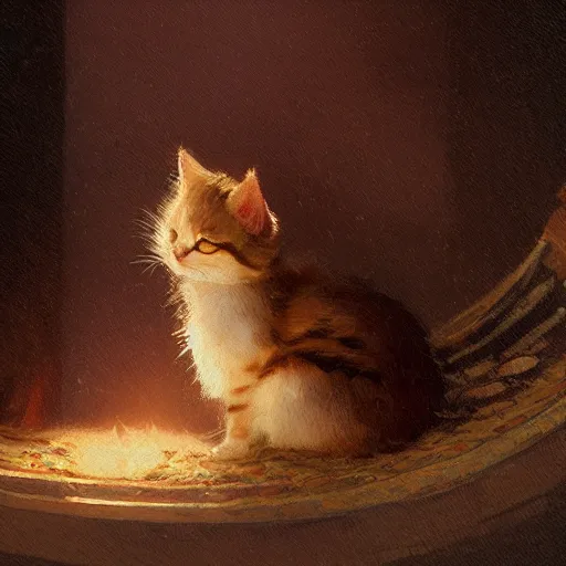 Image similar to A cute kitten sleeping nearby the fireplace, gorgeous, beautiful, intricate, highly detailed, digital painting, artstation, cinematic lighting, concept art, sharp focus, illustration, art by greg rutkowski and alphonse mucha