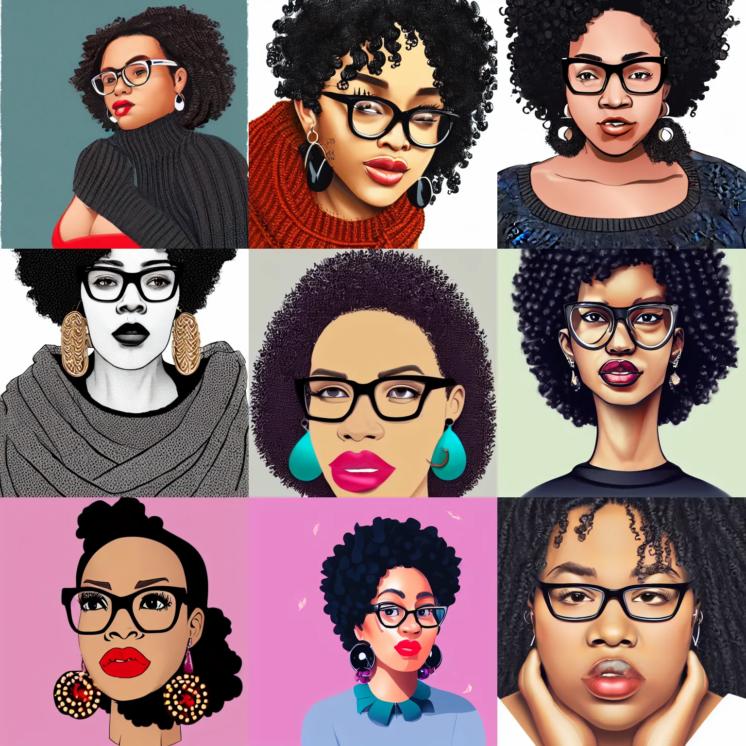 Prompt: a thick young sardonic black woman with glasses and curly black hair, wearing a sweater and earrings, trending on artstation, digital illustration, portrait, detailed and realistic face