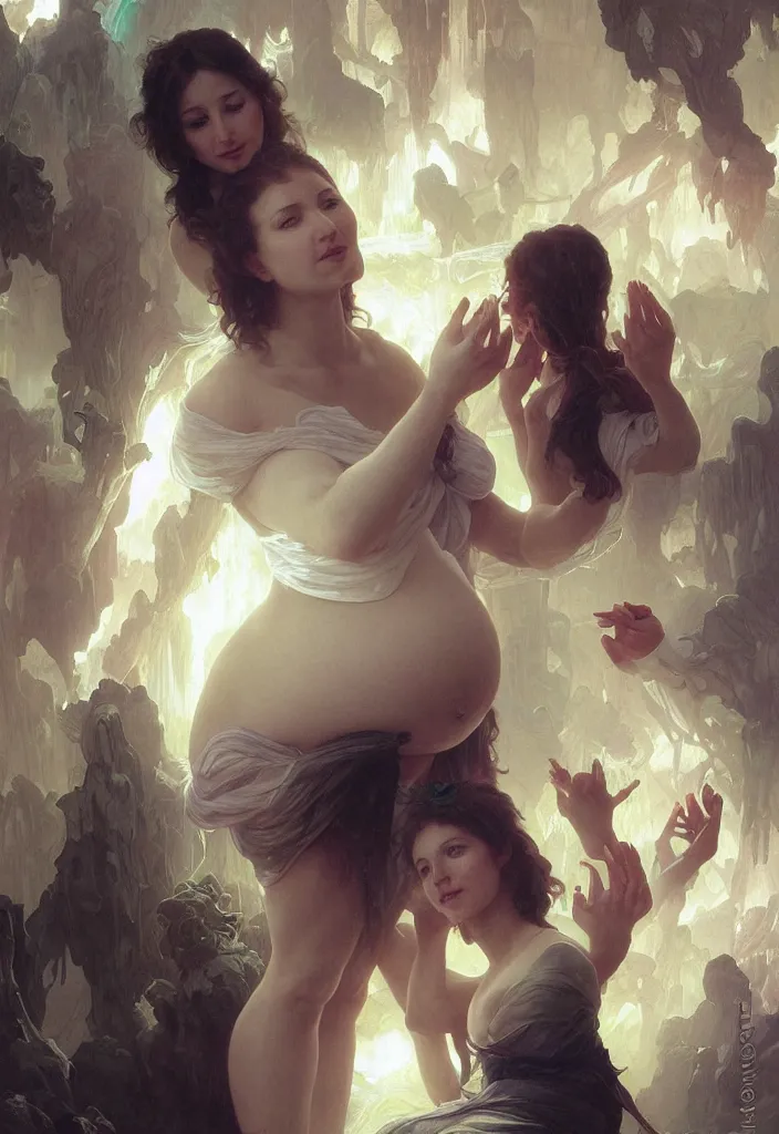 Image similar to epic pregnant woman talking to all her tribe with fluorescence bodies, proud people gather around the pregnant woman, ice cave, intricate, elegant, highly detailed, digital painting, artstation, concept art, smooth, sharp focus, illustration, art by artgerm and greg rutkowski and alphonse mucha and william - adolphe bouguereau