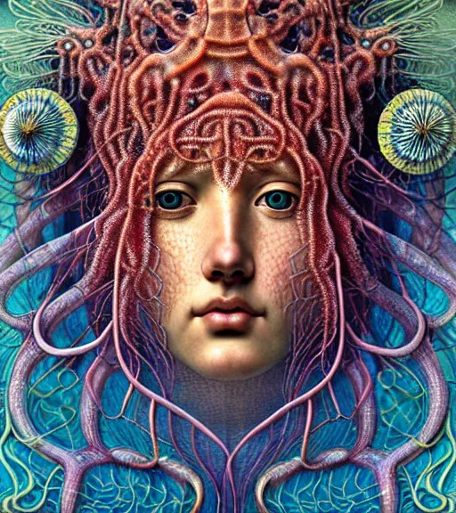 Image similar to hyperrealistic detailed underwater face portrait of the beautiful god of the jellyfish with an intricate headgear of corals, sea kelp, sea plants, fish, starfish, jellyfish, art by ernst haeckel, victor ngai, john william godward, android jones, neo - gothic - cyberpunk, ornamental, beautiful deep colours,